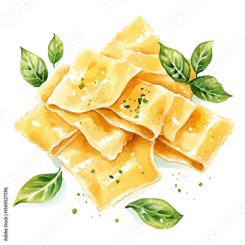 My Watercolor illustration with Pappardelle pasta with basil painting isolated on a white background, illustration, AI painting design, vector set, eps format, My illustration design
