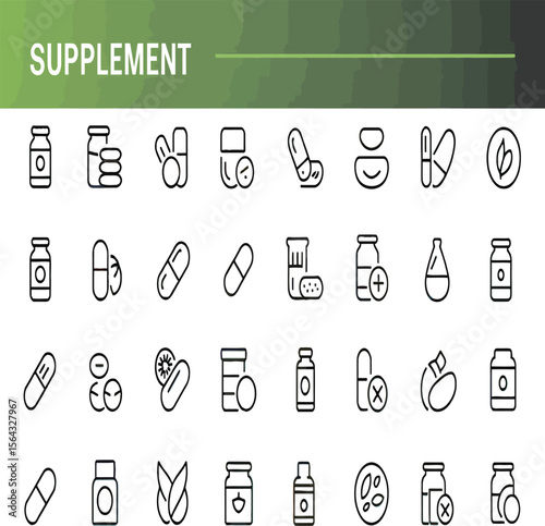 Showcase your brand with this minimalist line art graphic of medicine and supplement icons, ideal for health and wellness designs or product presentation.