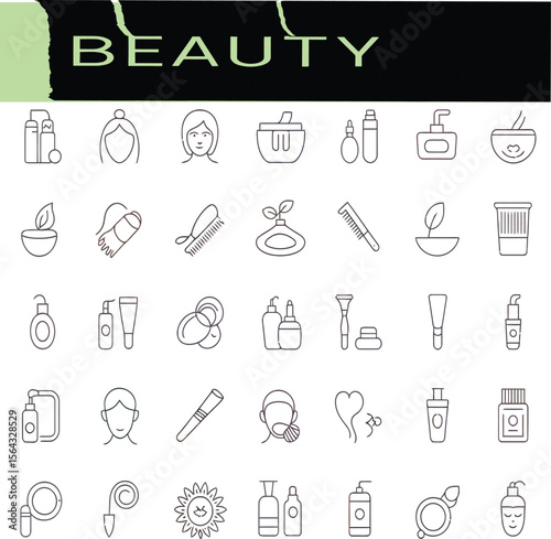 Delicate line art featuring beauty and skincare products creates a refined design, perfect for brand development, cosmetics promotions, or spa and salon themes.