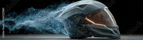 Futuristic motorcycle helmet with sleek design emits dynamic blue digital particles on dark background.
