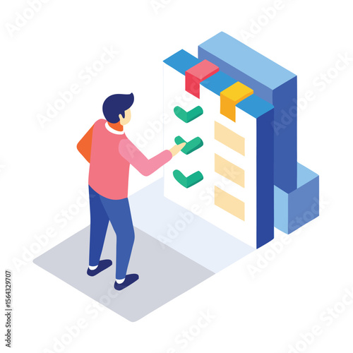 Isometric Illustration of Task Management System with Checkmarks and a Person Marking Tasks as Complete