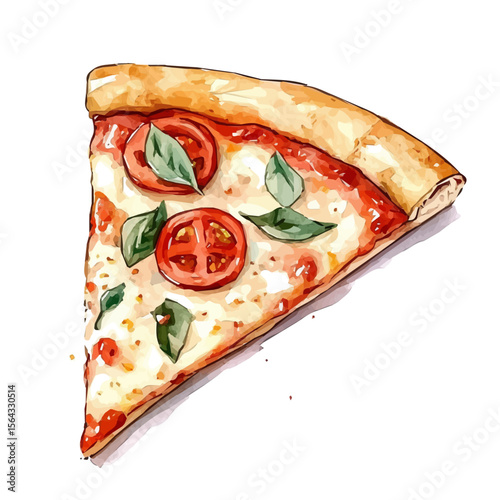 My Watercolor illustration with margherita pizza with tomato and basil sliced painting isolated on a white background, illustration, AI painting design, vector set, eps format, My illustration design