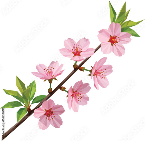 Low Poly Cherry Blossom Branch with Pink Flowers and Green Leaves