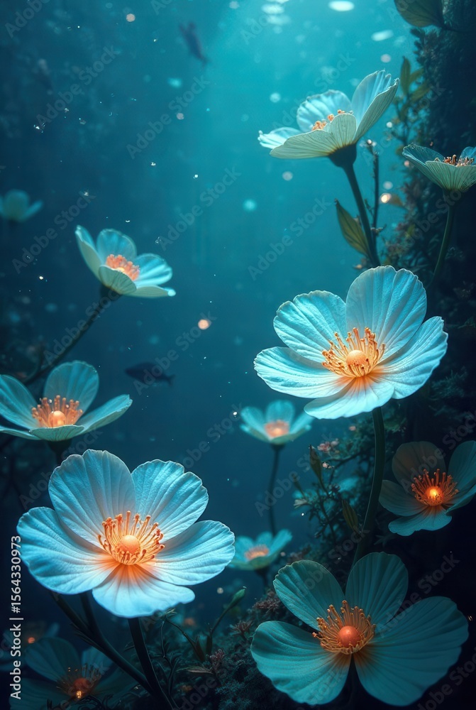 Enchanted Underwater Bloom Serene Aquamarine Flowers Illuminated in a Deep Ocean Realm Enchanted Underwater Bloom Serene Aquamarine Flowers Illuminated in a Deep Ocean Realm