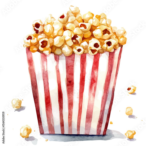My Watercolor illustration with popcorn in red box painting isolated on a white background, illustration, AI painting design, vector set, eps format, My illustration design