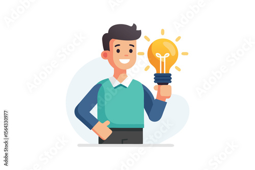 Illustration of a Young Man Holding a Light Bulb Idea Concept