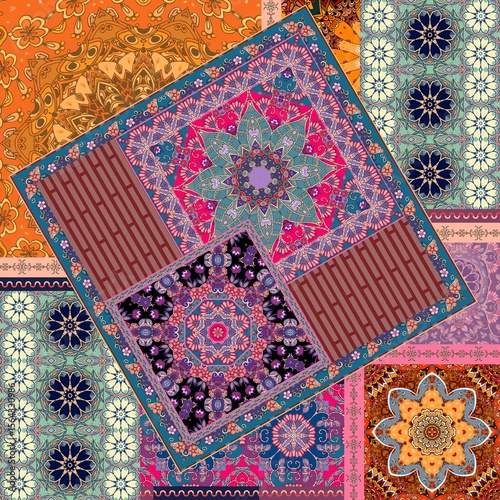Patchwork pattern with flowers, mandala and ornamental border. Bright endless...