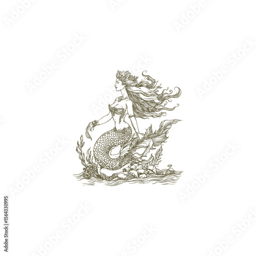 Mythical siren siting on a rock with flowing hair design vector template illustration