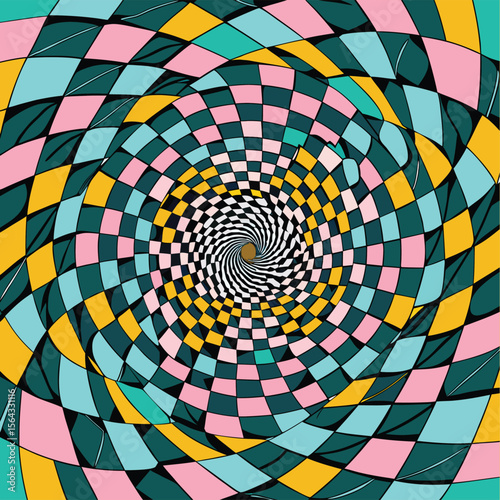 abstract spiral pattern creates an optical illusion with colorful geometric shapes, forming a dynamic and visually engaging design