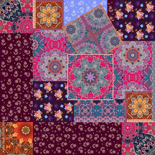 Beautiful endless patchwork pattern with embroidered tulip flowers and mandal...