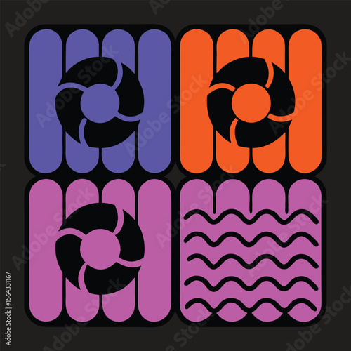 bold abstract pattern showcases geometric shapes in purple, pink, and orange against a black backdrop, evoking a retro and decorative design