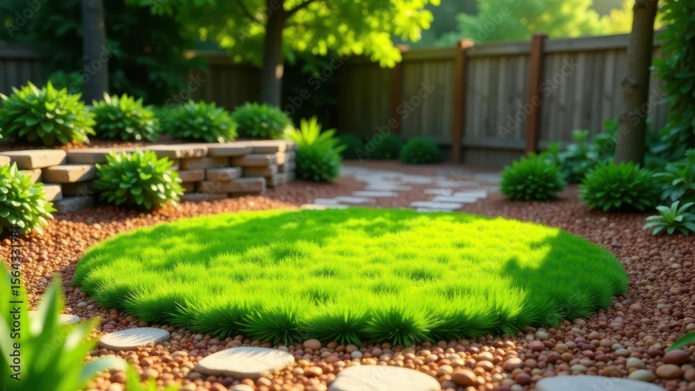 Fototapeta premium Serene Backyard Oasis Lush Green Grass Patch, Stone Pathway, and Vibrant Greenery Surrounding a Wooden Fence