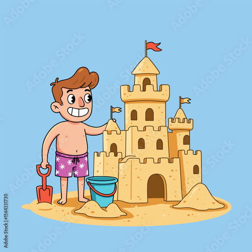 Cartoon boy in floral swim trunks builds a sandcastle with a red shovel, placing a yellow flag on top. A blue bucket filled with sand sits beside him against a light blue background.