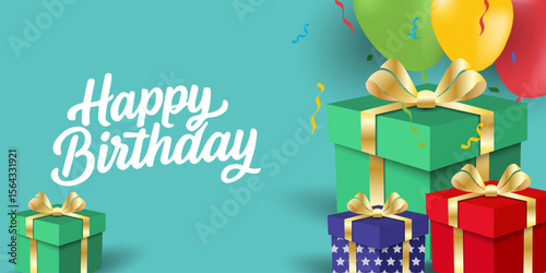 Happy birthday greeting cards or banner with cute balloons and gift box, colorful confetti and typography design. Birthday party vector for card, invitation, poster, sticker, prints with copy space.