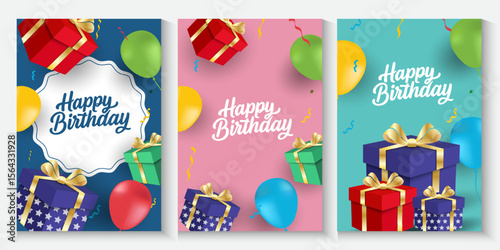 Happy birthday greeting cards or banner with cute balloons and gift box, colorful confetti and typography design. Birthday party vector for card, invitation, poster, sticker, prints with copy space.
