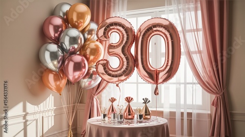 Birthday, Elegant thirtieth birthday celebration with rose gold balloons and table decorations
