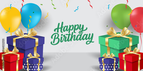 Happy birthday greeting cards or banner with cute balloons and gift box, colorful confetti and typography design. Birthday party vector for card, invitation, poster, sticker, prints with copy space.