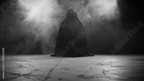 Dark Figure Draped in Fabric with Smokey Backdrop on Cracked Ground in Monochrome