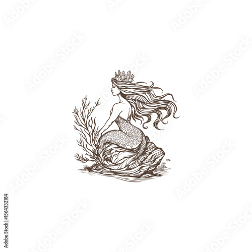 Mythical siren siting on a rock with flowing hair design vector template illustration