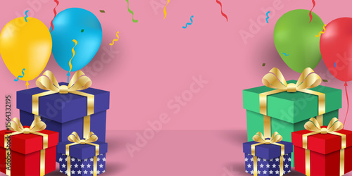 Happy birthday greeting cards or banner with cute balloons and gift box, colorful confetti and typography design. Birthday party vector for card, invitation, poster, sticker, prints with copy space.