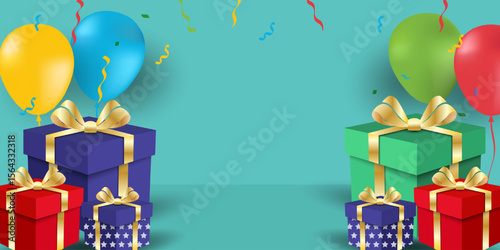 Happy birthday greeting cards or banner with cute balloons and gift box, colorful confetti and typography design. Birthday party vector for card, invitation, poster, sticker, prints with copy space.