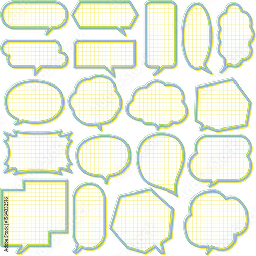 A memo sticky note in the shape of a speech balloon with lined lines, blue, yellow / ノートの罫線があるレトロポップな吹き出しフレーム 可愛いメモコメント付箋 青 黄色