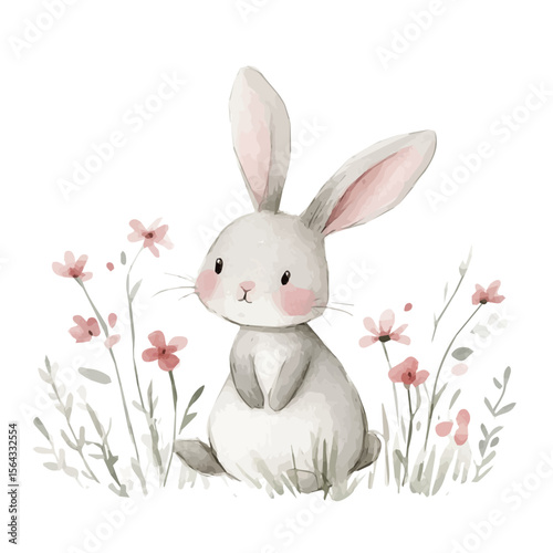 My Watercolor illustration with a rabbit with flowers painting isolated on a white background, illustration, AI painting design, vector set, eps format, My illustration design