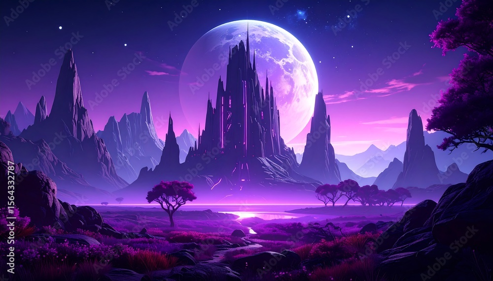 Fototapeta premium Purple Fantasy Landscape with Castle - Vibrant Colors
