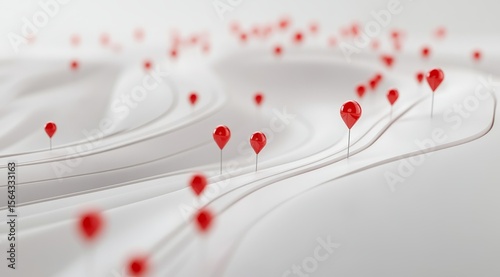 Abstract 3D rendering of red markers on a white, wavy surface, representing location data or connections.