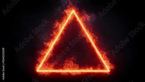 A glowing neon triangle made of fire with smoke rising on a dark background, creating a vibrant and intense visual effect.