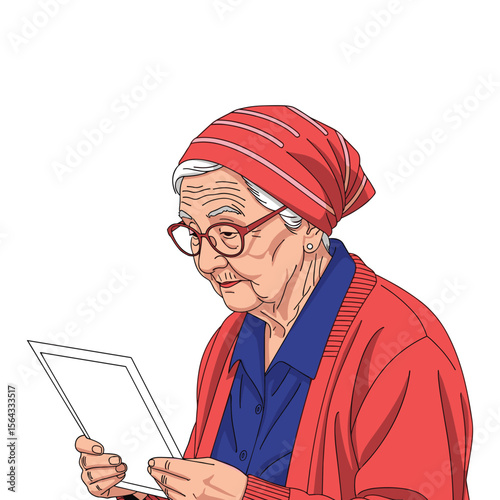 Elderly woman illustration, portrait of a senior lady with eyeglasses looking at frame