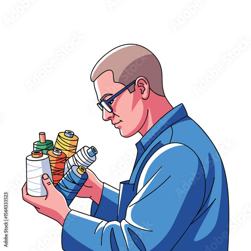 Craftsman Inspecting Colorful Thread Spools For Textile Production Quality Control
