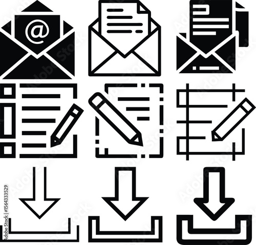 Set of nine black and white icons representing email communication and document management