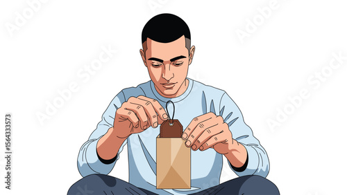 Young man sitting opening a brown paper bag with a label, illustration, design element, packaging