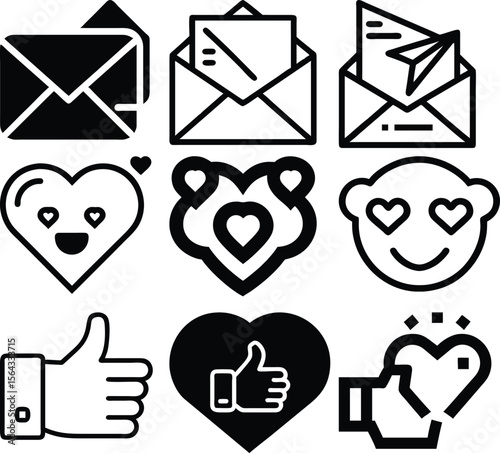 Collection of communication and social media icons including envelopes hearts and thumbs up