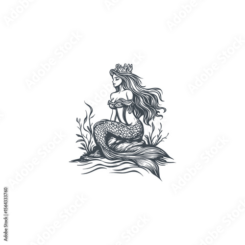 Mythical siren siting on a rock with flowing hair design vector template illustration