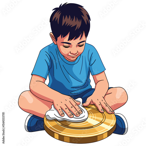 Boy Polishing Gold Disc Illustration: Cartoon Character Concentrating on Cleaning Task