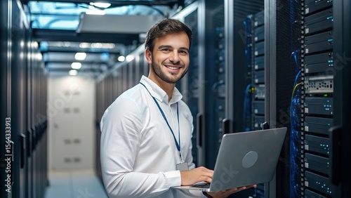 A smiling IT engineer works confidently on a laptop inside a high-tech data center, surrounded by server racks—symbolizing technology, cybersecurity, and modern digital