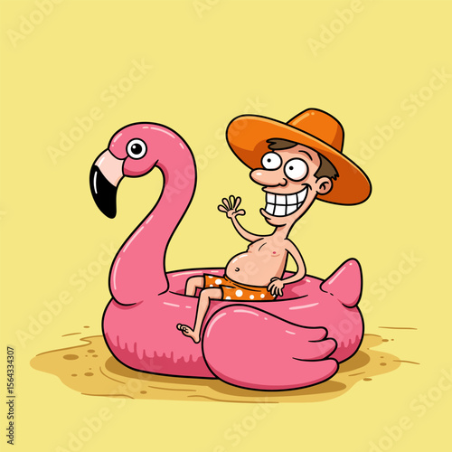 A cheerful cartoon character waves from a pink flamingo float, wearing an orange hat and polka dot swim trunks, set against a yellow background with sandy ground.