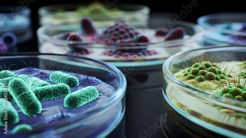 Vibrant Microbial Cultures in Petri Dishes Displayed on Glossy Dark Background for Scientific Analysis