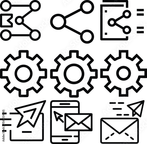 Set of nine modern line art icons representing networking sharing and communication concepts