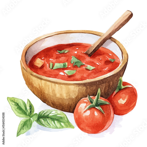 My Watercolor illustration with salsa in wooden bowl painting isolated on a white background, illustration, AI painting design, vector set, eps format, My illustration design, vector collection	