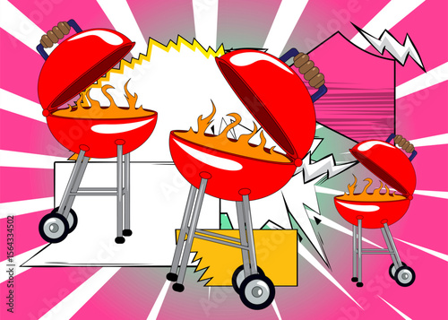 Cartoon burning wood in barbeque grill, comic book Cooking. Retro vector comics pop art design.