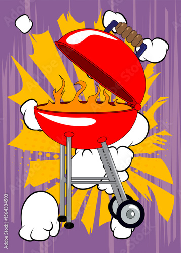 Cartoon burning wood in barbeque grill, comic book Cooking. Retro vector comics pop art design.
