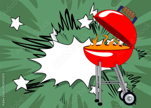 Cartoon burning wood in barbeque grill, comic book Cooking. Retro vector comics pop art design.