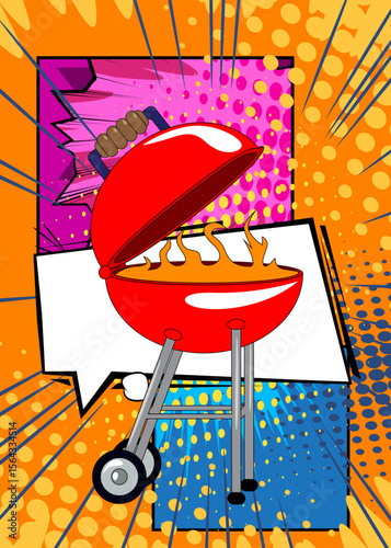 Cartoon burning wood in barbeque grill, comic book Cooking. Retro vector comics pop art design.