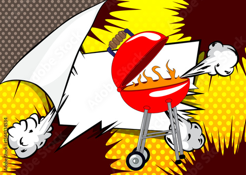 Cartoon burning wood in barbeque grill, comic book Cooking. Retro vector comics pop art design.