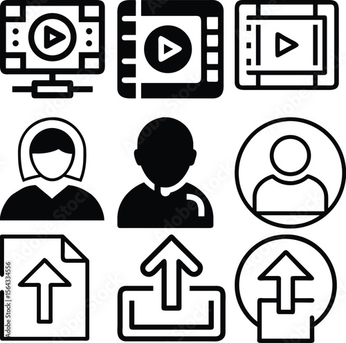 Collection of nine modern flat design icons representing video playback user profiles and uploads