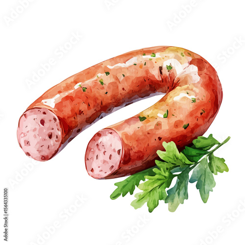 My Watercolor illustration with sausage and parsley painting isolated on a white background, illustration, AI painting design, vector set, eps format, My illustration design, vector collection	