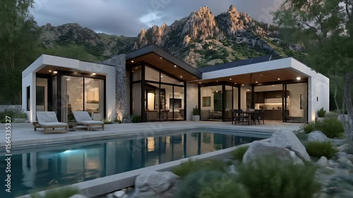 Modern White Home with Pool Mountain Backdrop and Sunset Sky with Green Trees Creates Serene and Luxurious Outdoor